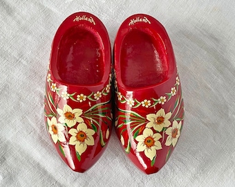 Vintage Wooden Clogs- Dutch Shoes- Child Size- Red- Hand Painted- Holes for Hanging- Door Decor- Christmas- Hand Carved- Small Size- Spring