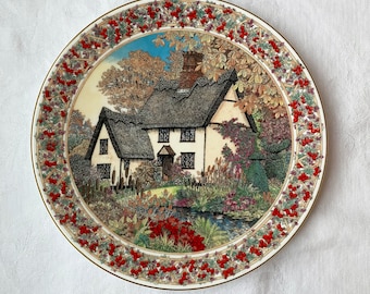 Cambridgeshire November Cottage Gardens by Sue Scullard, Royal Worcester Salad Plate, Bone China, Made in England, 8.5 inch, 1991 Vintage