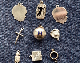 Vintage Sterling Silver Charms- Choice- Child Boy Silhouette, Tennis, Cross, Baseball, Baseball Mitt, Baseball Player,