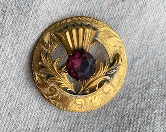 Antique Victorian Amethyst Glass Thistle Scotland Brooch, Mid Century Vintage Jewelry, 2.5m gold plated, Scottish Highlands Symbol