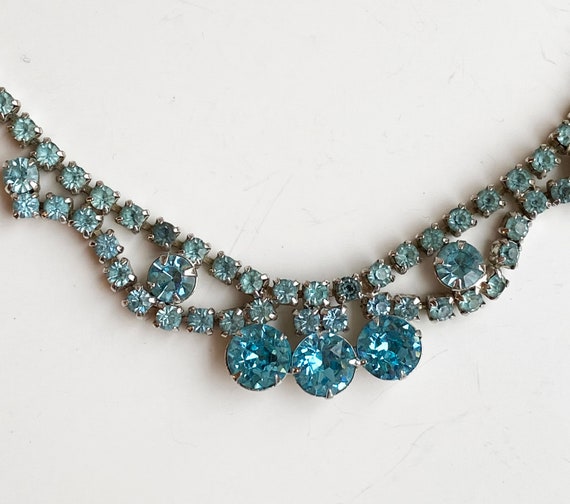 Vintage Aqua Blue Rhinestone Necklace- Silvertone… - image 2