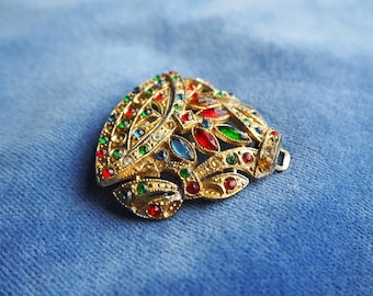 Antique Victorian Edwardian Jewel Tone Paste Rhinestone Buckle, Gold tone Metal, primary colors, red green blue yellow, Vintage Jewelry