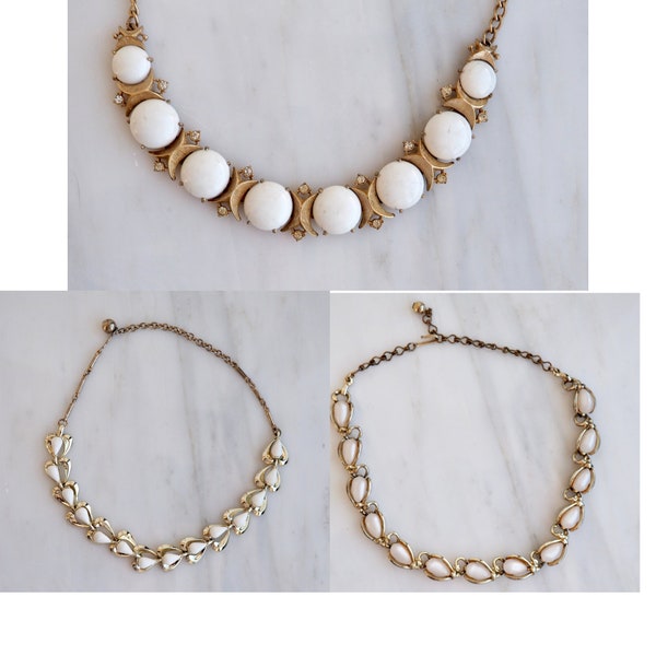 Vintage Necklace Lot of 3- Sarah Coventry- White Goldtone- Mid Century Modern- 1960's  dome disks, rhinestones- Adjustable length Choker-