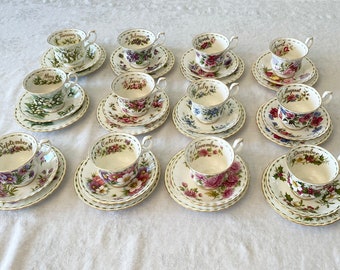 Royal Albert Flower of the Month Bone China, Vintage 1990, Complete 12 month set of Teacups, Saucers, and Bread & Butter Plates, 36 pieces