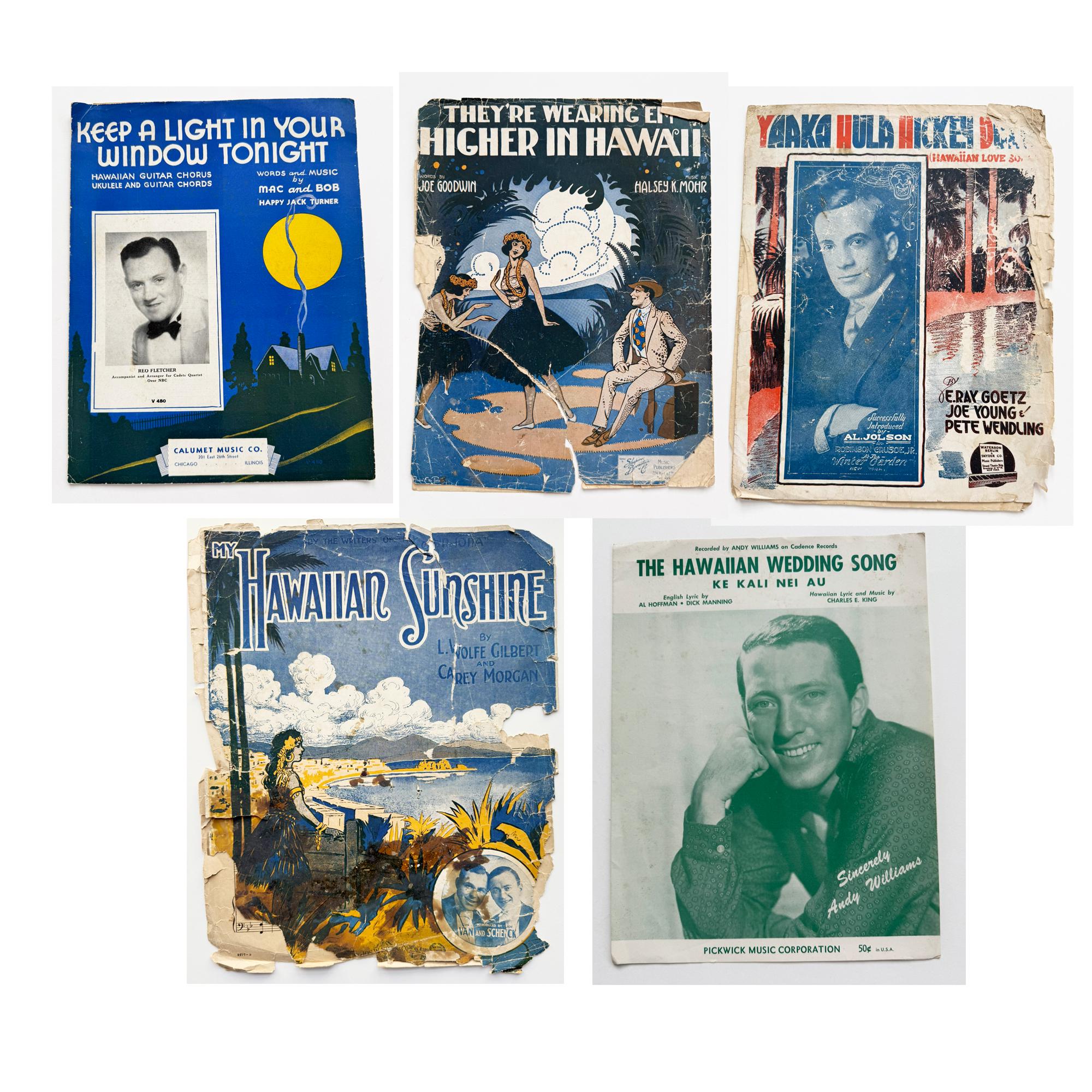 Hawaiian Antique Piano Sheet Music Lot-Set of Five-1916-1933- Hawaiian Wedding, Yaaka Hula Hickey Dula, They're Wearing Them Higher -Vintage