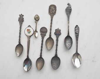 Souvenir Spoon Collection- Antique Vintage Silverplate- Collector spoons- Small- Set of Nine (9), Ireland, Scotland, Iowa, Colorado, Texas