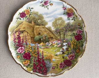 Royal Albert Tranquil Garden Salad Plate, Artist Fred Errill, Old Country Roses, Vintage 1992, Fine Bone China, Thatched Cottage