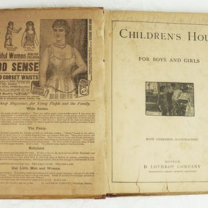May include: A vintage book cover for "Children's Hour" magazine, a publication for boys and girls. The cover features a black and white illustration of children playing in a room. The text "Children's Hour" is printed in large, bold letters at the top of the cover. The text "For Boys and Girls" is printed below the title. The cover also includes the text "With Numerous Illustrations" and the publisher's information: "Boston, D Lothrop Company".