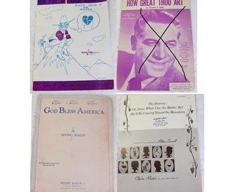 Piano Sheet Music- God Bless America, On Top of Old Smoky, The Bowery- Antique Vintage- Set of Three
