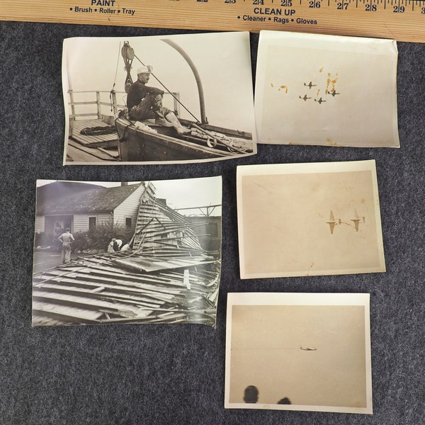 Antique Photographs- Early 1900's- Sepia -Bulk Lot- Five Large (5) - Fisherman on boat, destruction, World War II Airplanes- Saab 2I Biplane