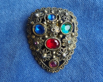 Antique Victorian Jewel Tone Paste Rhinestone Dress Clip, Fur Clip, Buckle, Gold tone Metal, primary red green blue pink, Vintage Jewelry