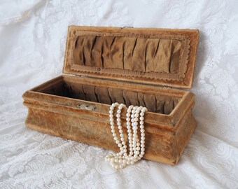 19th Century Velvet Glove Box- Victorian Jewelry Box- Gold Textured Velvet Casket- Edwardian Storage - Silk- Display box