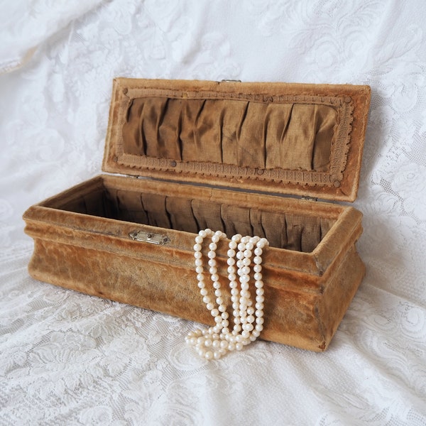 19th Century Velvet Glove Box- Victorian Jewelry Box- Gold Textured Velvet Casket- Edwardian Storage - Silk- Display box