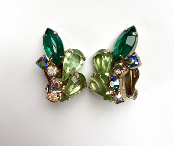 Vintage Green Rhinestone Clip-on Earrings- Aurora… - image 1