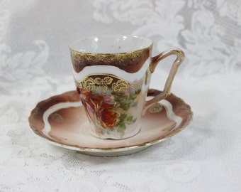 Vintage Demitasse cup and saucer- Three Crown China Germany- Espresso Size- Hand painted- Brown, Gold, pink, orange Roses