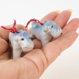 Scottish Terriers- Vintage Porcelain Twin Scottie Dog schnauzer Westie -Tiny!- Fairy Garden - Doll house- blue white china- 1.5 by 1 inch