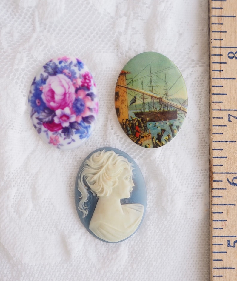 Set of three Oval Unfinished Jewelry Supply Wedgwood Blue-Sailing Ship Harbor-Pink Purple Rose Floral Resin Cameo Cabochon 30 by 40 mm