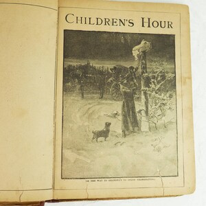 May include: A black and white illustration of a family traveling by horse-drawn carriage in a snowy landscape. The image is from a vintage children's book called "Children's Hour". The caption reads "On the way to Grandpa's to spend Thanksgiving."