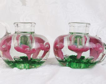 Joe St. Clair Candle Holders-STUNNING  Vintage Art Glass- Hand Blown- paperweight, Pink Green- Two Color- Bubble Glass- Lily Flower- Pair