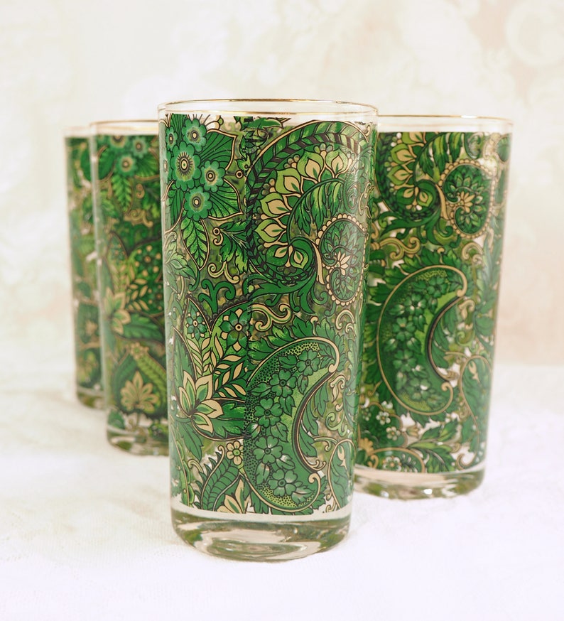 Vintage Green Paisley Embossed Drinking Glasses Glass Etsy