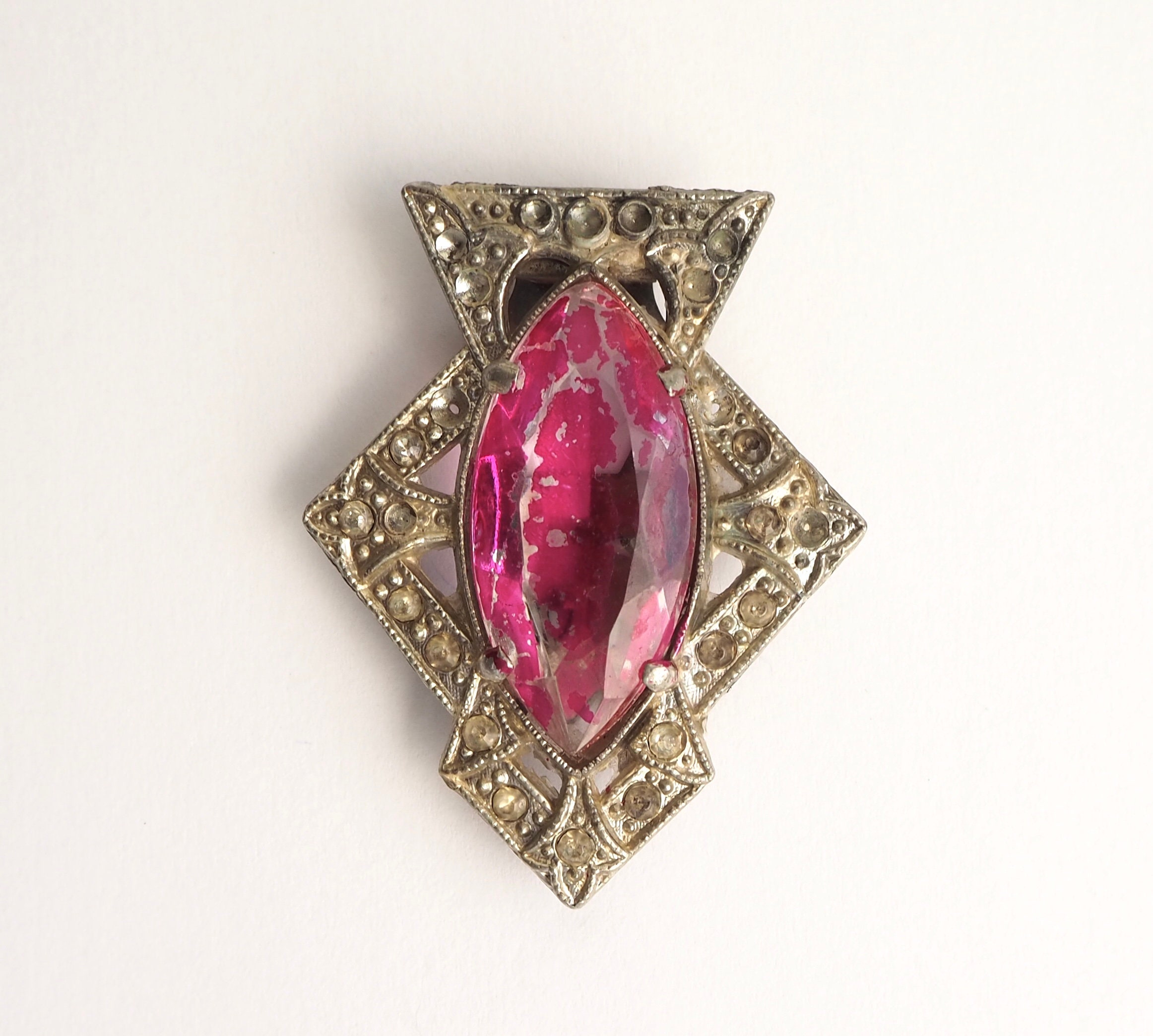 Art Deco Rhinestone Fur Clip/ Shoe clip / dress clip- Pink glass Stone- Large Marquis Navette- Silvertone Paste- 2 inch Vintage Antique