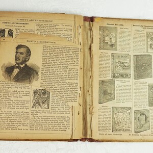 May include: An open book with a vintage design. The left page features a black and white illustration of David Livingstone, a famous explorer, and text about his life. The right page features a list of books with illustrations and text about the books. The text on the right page includes the title "Annals for 1869" and "Beautifully Illustrated Qutotes in Cloth Binding".