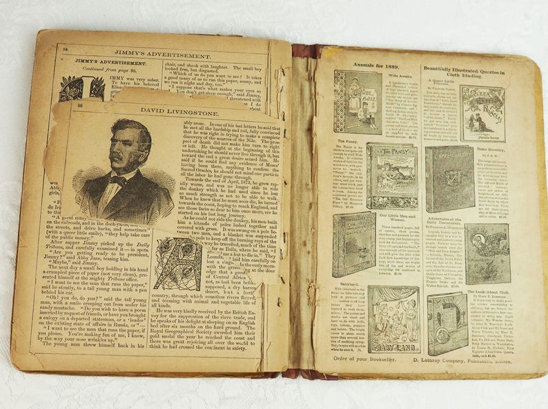 May include: An open book with a vintage design. The left page features a black and white illustration of David Livingstone, a famous explorer, and text about his life. The right page features a list of books with illustrations and text about the books. The text on the right page includes the title "Annals for 1869" and "Beautifully Illustrated Qutotes in Cloth Binding".
