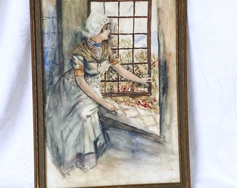 Original Watercolor Painting- Vintage Antique- Dutch Holland Woman at Window- 11-1/2 by 16 inches- Wall Hanging Art- Spring Summer Garden