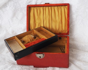 19th Century Velvet Victorian Sewing Box- Red Orange Gold- Edwardian Storage - Silk- Display box- Removable Tray- Antique Vintage