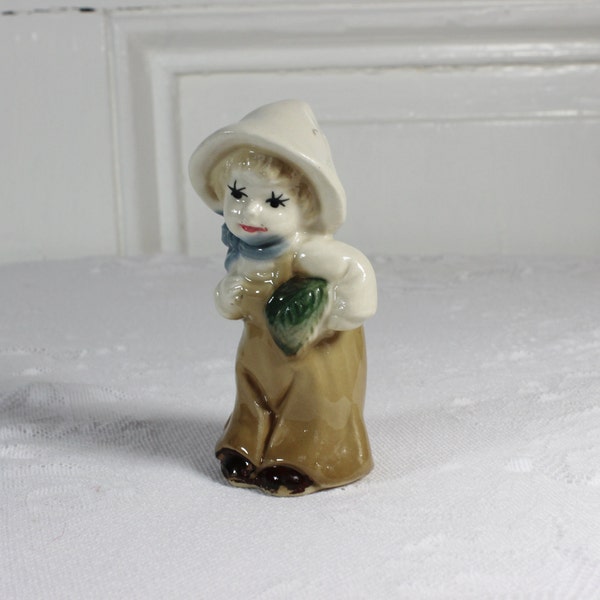 Fairy Garden Figurine- Vintage Porcelain Ceramic- Small Child/ urchin/ hobo- 3-1/2 inches tall- brown overalls, floppy hat,