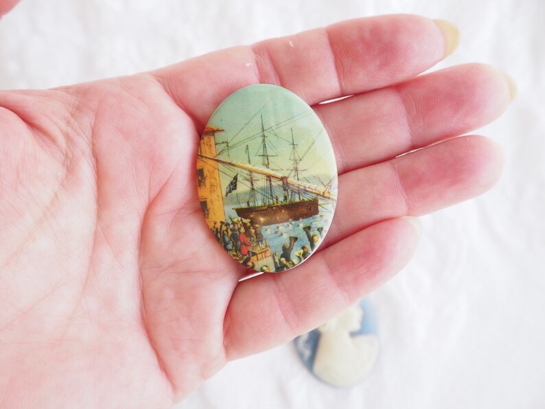 Set of three Oval Unfinished Jewelry Supply Wedgwood Blue-Sailing Ship Harbor-Pink Purple Rose Floral Resin Cameo Cabochon 30 by 40 mm