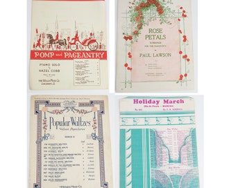 Four early 1900's Piano Sheet Music Sets- Pomp and Pageantry, Rose Petals, Blue Danube Waltz, Holiday March- Antique Vintage- Bulk Lot