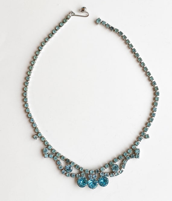 Vintage Aqua Blue Rhinestone Necklace- Silvertone… - image 1