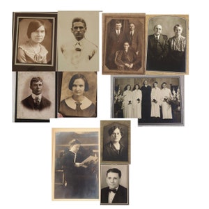 May include: A collection of vintage black and white photographs in frames. The photos depict various people, including a group of people in formal attire, a woman in a dress, and a man in a suit.