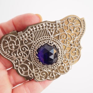 Antique Victorian Buckle- Ornate Brass, Faceted Glass Royal Blue Purple Stone- Fold over clasp- 3 by 1-3/4 inches- Sash- Vintage-skirt Dress