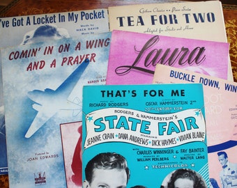 Vintage Sheet Music Destash Lot-  1940's Sheet Music Piano, Voice, Guitar- Comin' In On A Wing and a Prayer- Tea For Two- State Fair- Laura