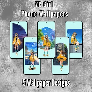 VR Girl Anime Phone Wallpapers For iPhone Android, Futuristic Kawaii City Digital Download