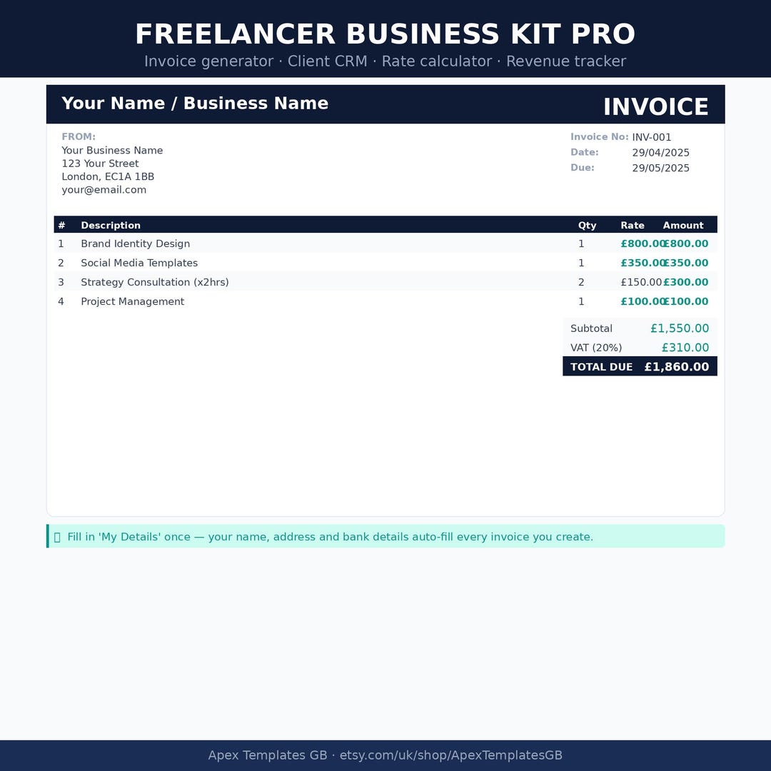 Freelancer Invoice Template Excel — Invoice Generator CRM and Rate ...