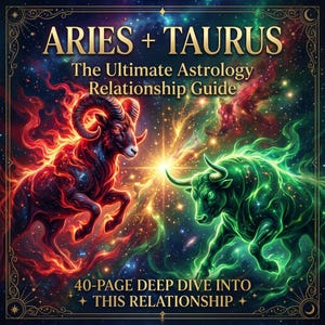 Puede incluir: Una portada de libro con el texto "ARIES + TAURUS" en letras doradas. La imagen presenta un carnero rojo ardiente y un toro verde brillante enfrentados sobre un fondo cósmico. También está presente el texto "The Ultimate Astrology Relationship Guide".