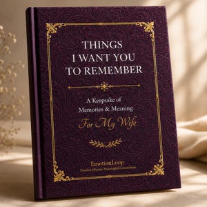 May include: A deep purple hardcover book with an intricate embossed floral pattern and gold foil lettering. The cover reads: THINGS I WANT YOU TO REMEMBER, A Keepsake of Memories & Meaning, For My Wife, EmotionLoop, Timeless Objects, Meaningful Connections.