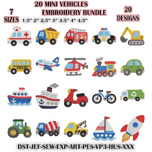 Puede incluir: Un paquete de bordado digital con 20 diseños de mini vehículos que incluyen una ambulancia, camión volquete, camión de bomberos, coche de policía, excavadora, autobús escolar, avión, helicóptero, tren, coche, barco, barco, scooter, bicicleta y cohete.