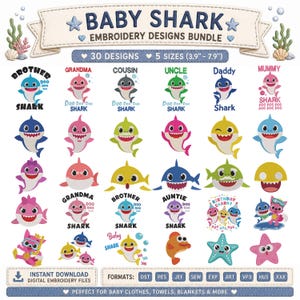 Op de afbeelding: Een digitaal borduurontwerppakket met 30 Baby Shark-themaafbeeldingen in 5 maten variërend van 9,9 tot 20,1 cm. De collectie bevat diverse kleurrijke haaienfiguren, familieleden en zeedieren in verschillende bestandsformaten voor borduurwerk.