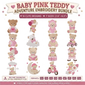Pode incluir: Um pacote de arquivos de bordado digital intitulado BABY PINK TEDDY ADVENTURE EMBROIDERY BUNDLE com 16 designs de ursinhos de pelúcia em 7 tamanhos de 7,4 cm a 22,6 cm. A coleção inclui ursos com balões, nuvens, livros, foguetes e scooters.