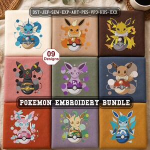 May include: A digital embroidery design bundle featuring nine distinct squares, each displaying a different character sitting on a Poké Ball. The text reads 09 Designs and POKEMON EMBROIDERY BUNDLE, along with file formats DST-JEF-SEW-EXP-ART-PES-VP3-HUS-XXX.