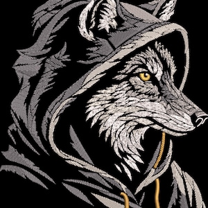 May include: Embroidered image of a wolf wearing a hooded sweatshirt. The wolf is depicted in shades of gray and white, with yellow eyes and a black background. The hood has a drawstring.