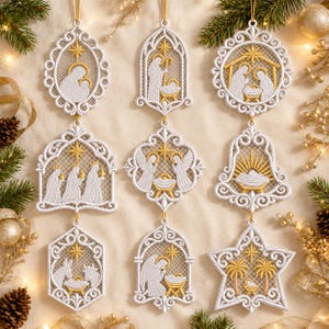 May include: A set of nine white and gold embroidered lace ornaments featuring various nativity scenes, including the holy family, angels, the three wise men, and animals, each with intricate filigree borders and hanging loops.