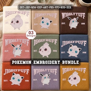 May include: A collection of nine embroidered patches featuring various designs of Pokémon characters. Each patch has a different color background and includes the text "Jigglypuff" or "Wigglytuff", along with the year "1996" or "1999". The words "Pokemon Embroidery Bundle" are also present.