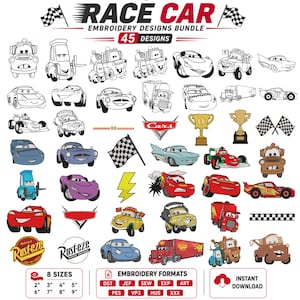 May include: A digital collection of 45 embroidery designs featuring characters and icons from the Cars movie franchise. The set includes various race cars, trucks, trophies, and checkered flags in both line art and full color, with 8 sizes listed.