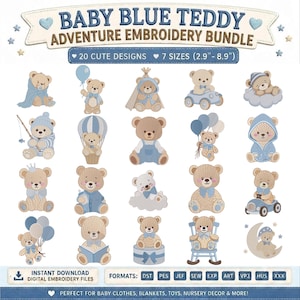 以下が含まれることがあります： 「Baby Blue Teddy Adventure Embroidery Bundle」というタイトルのデジタル刺繍デザインコレクション。青いアクセントのテディベアのイラスト20種類が、7.4cmから22.6cmまでの7サイズでダウンロード可能です。