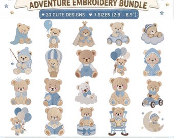 May include: A digital embroidery design collection titled Baby Blue Teddy Adventure Embroidery Bundle featuring 20 illustrations of teddy bears in various activities with blue accents, available in 7 sizes from 2.9 to 8.9 inches for download.